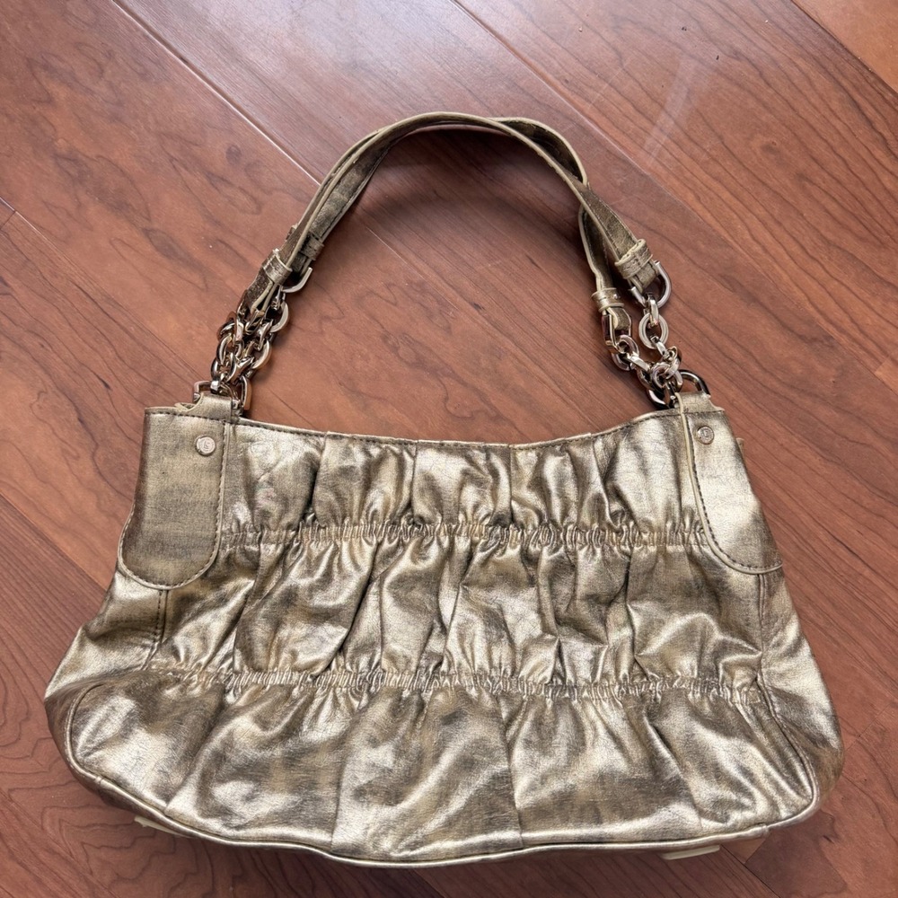 Liz Claiborne Gold Metallic Y2K Pleated Shoulder Bag Chain Strap Hobo Handbag